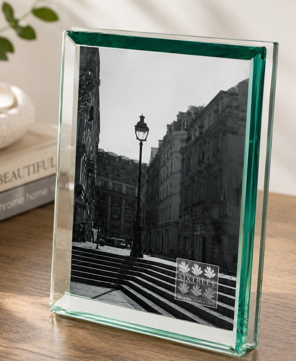 Sixtrees Emerald Cut Thick Glass Block Picture Frame 4x6 Green Beveled Modern